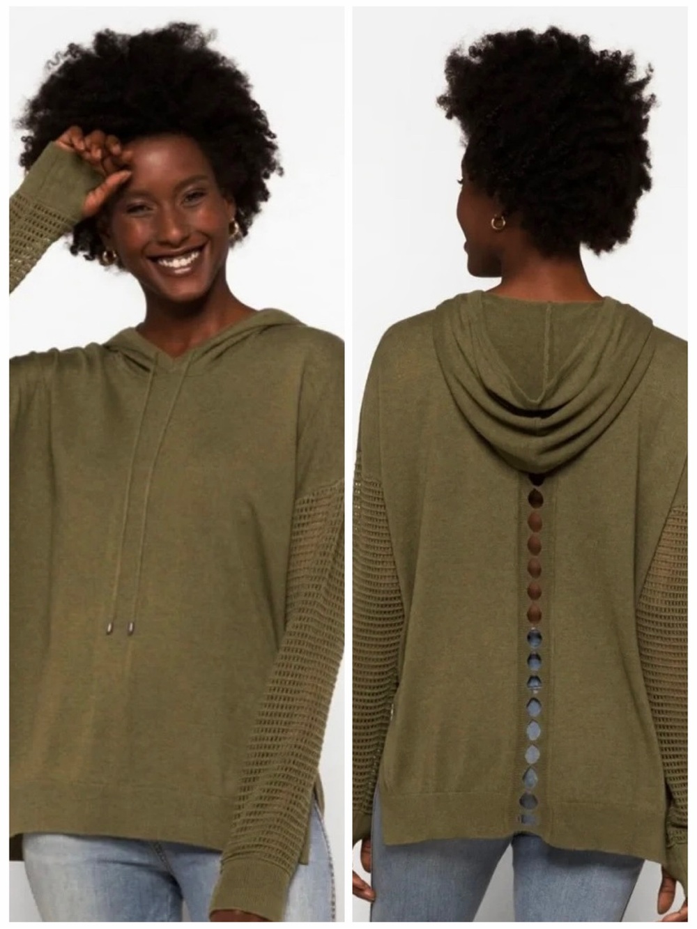 STITCHES & STRIPES S Antara Crochet Sleeve Hooded Sweater Olive Green Hoodie